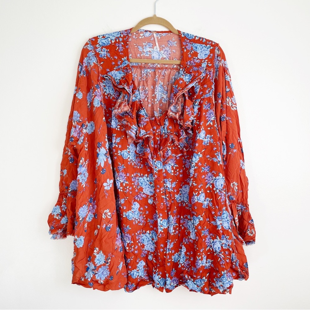 Free People Lorretta pop Print Tunic blouse long sleeve floral ruffle oversized - Picture 3 of 15